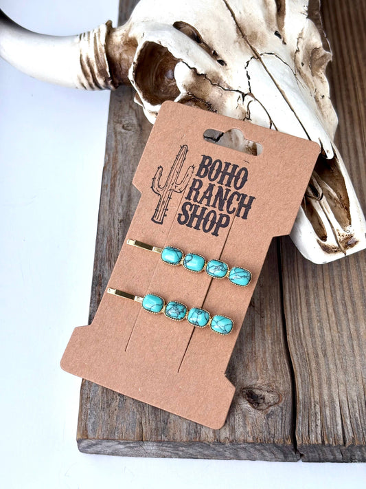 Western Set of 2 Stone Hair Bobby Pins: Turquoise Square