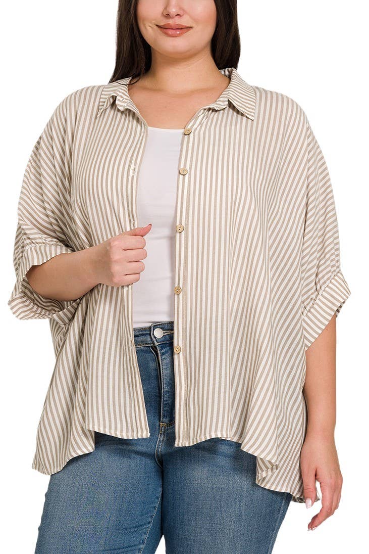 Vanilla Monkey - Plus Rayon Striped Short Sleeve Button Up Shirt: MOCHA / 3-3 (1XL/2XL-2XL/3XL)