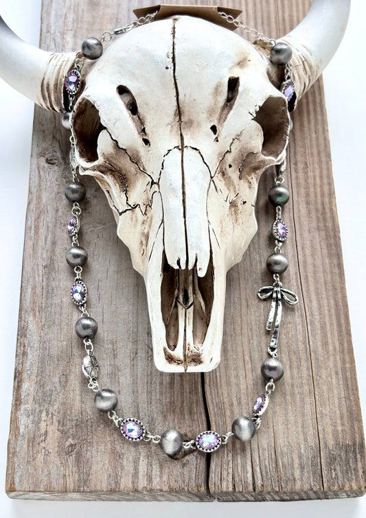 Navajo Style Pearl Stone Coquette Bow Necklace: Purple