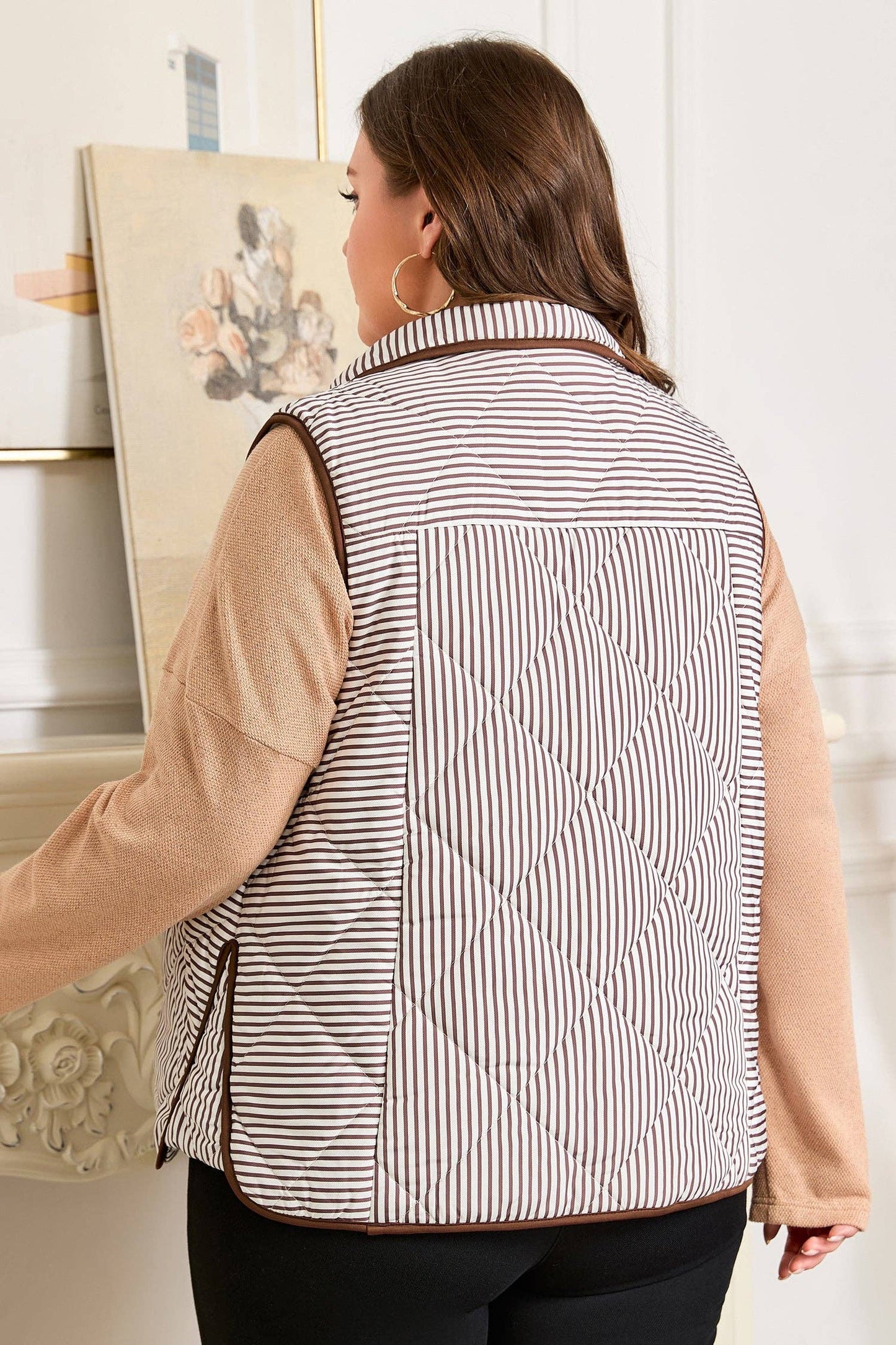 PRETTY BASH - Plus Size Stripe Quilted Snap Button Vest: Brown Stripe / 2X