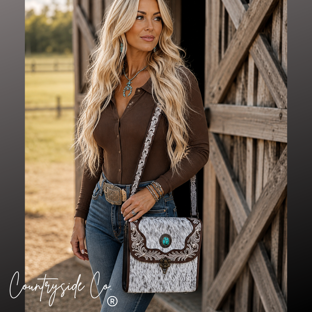 Countryside Co. - Driftwood Cowhide Tooled Leather Crossbody Purse
