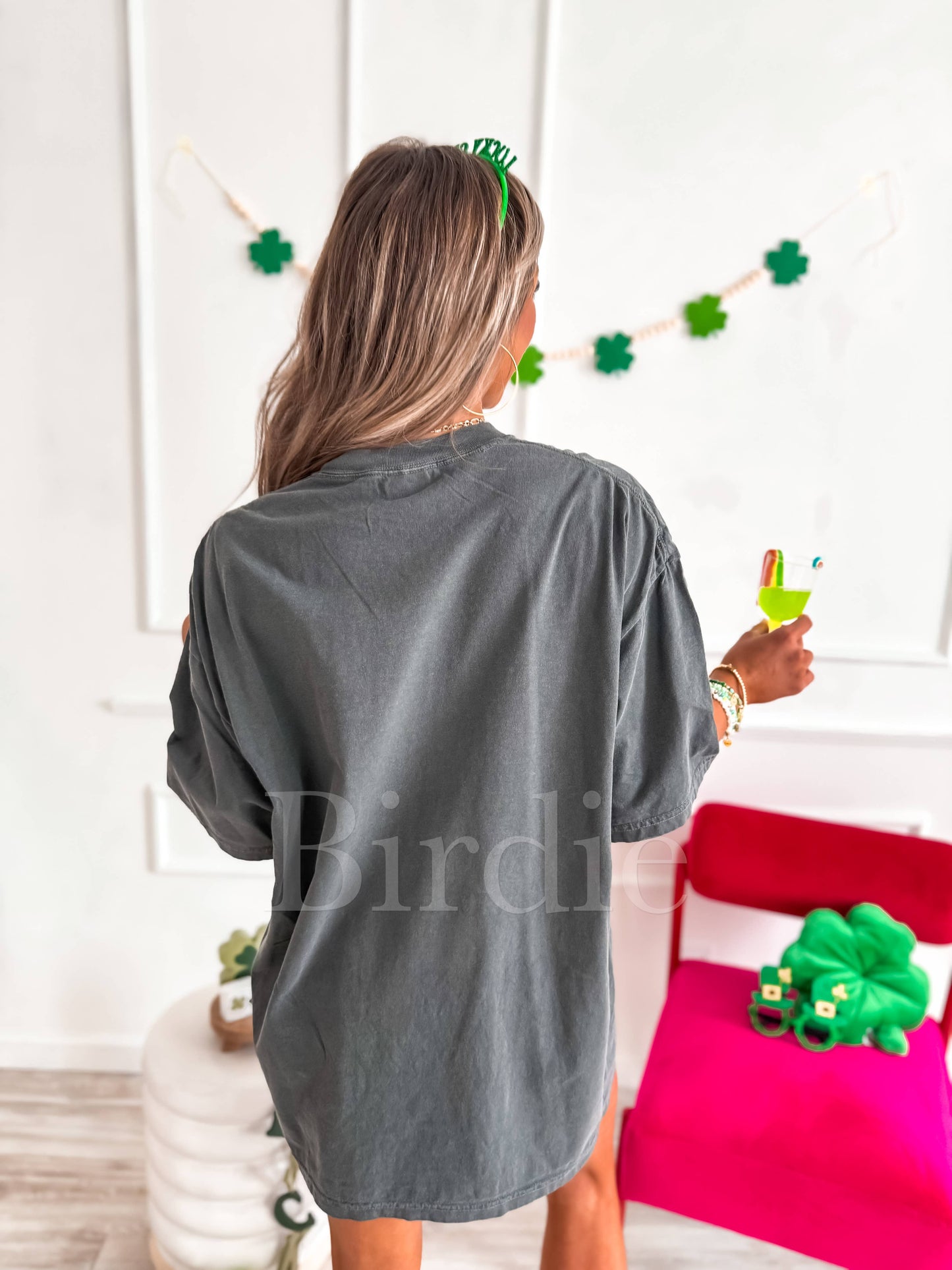 Faux Rhinestone Lucky Glitter Graphic Tee on Pepper
