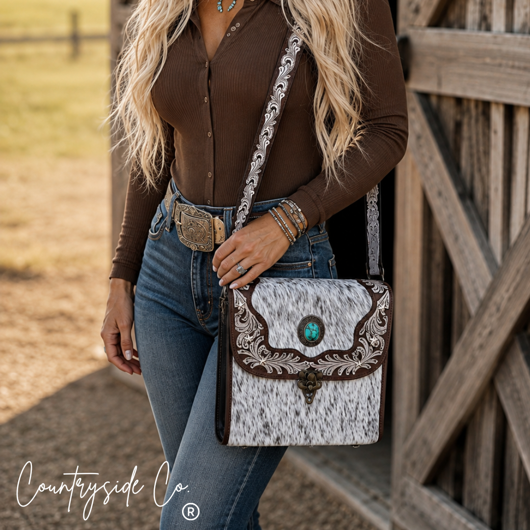 Countryside Co. - Driftwood Cowhide Tooled Leather Crossbody Purse