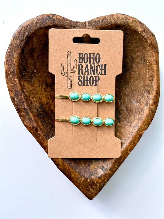 Western Set of 2 Stone Hair Bobby Pins: Turquoise Square