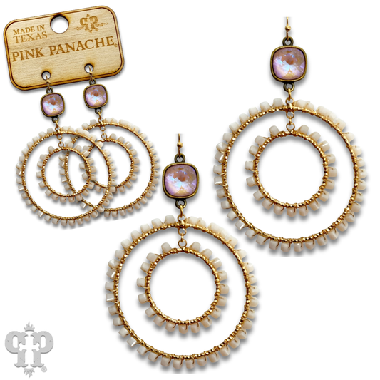 Square bead double circle earring with Austrian crystal - LC: Pink