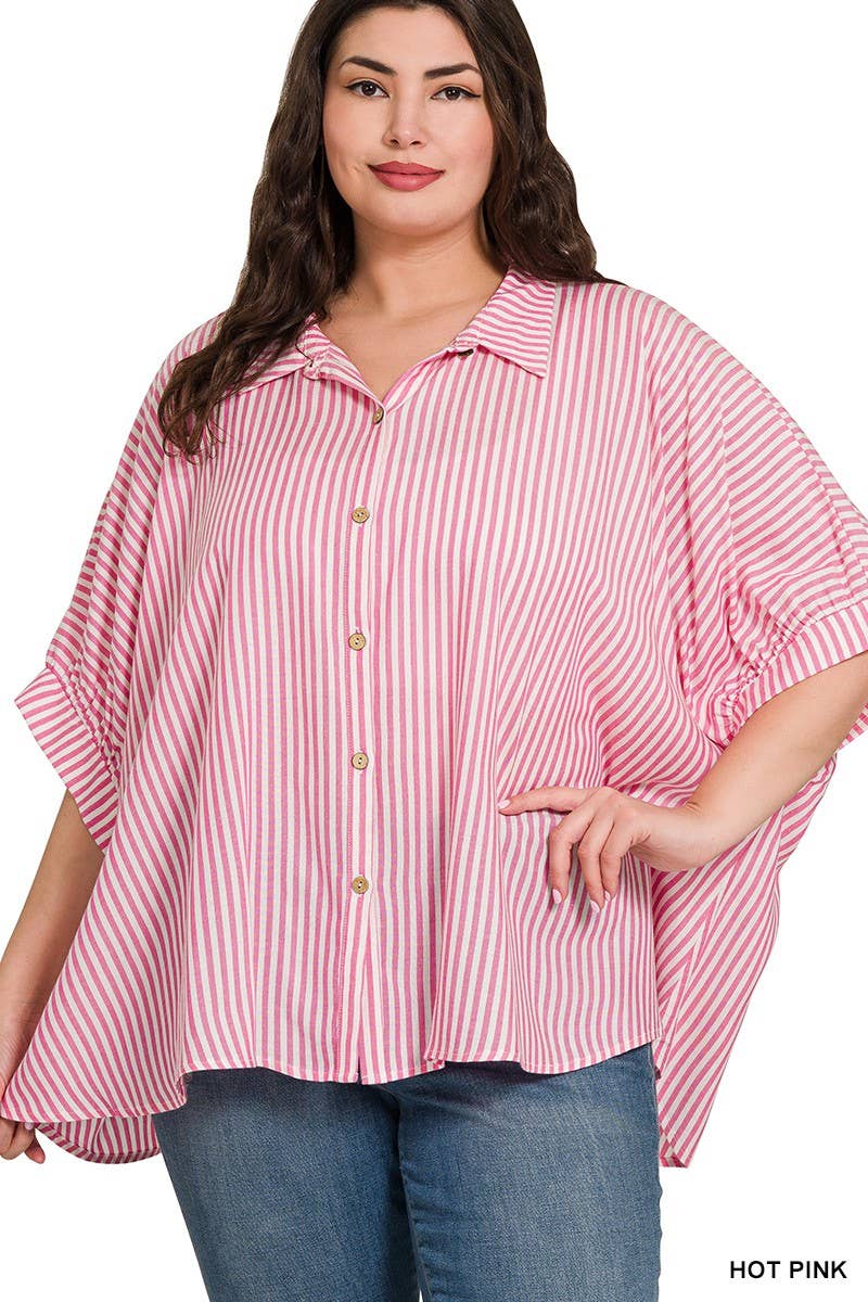 Vanilla Monkey - Plus Rayon Striped Short Sleeve Button Up Shirt: MOCHA / 3-3 (1XL/2XL-2XL/3XL)