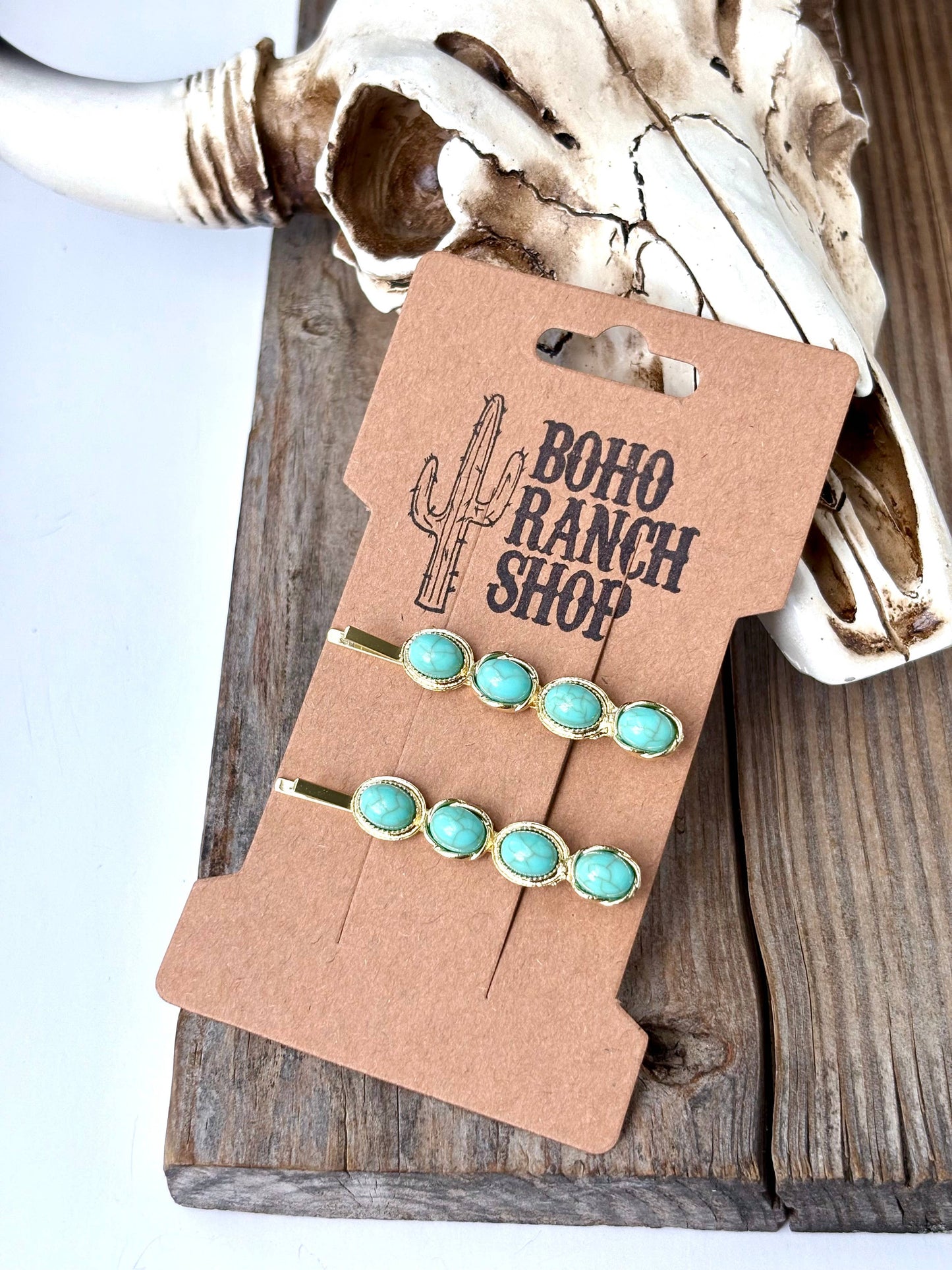 Western Set of 2 Stone Hair Bobby Pins: Turquoise Square