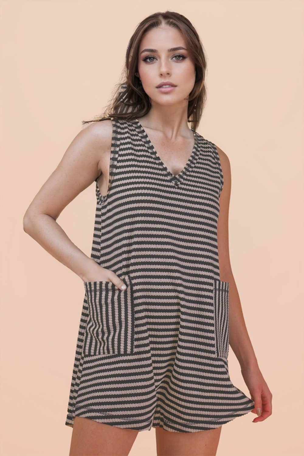 VERY J - NP70744-Striped Knit Casual Comfy Romper: OAT/BLACK / S-M-L/2-2-2