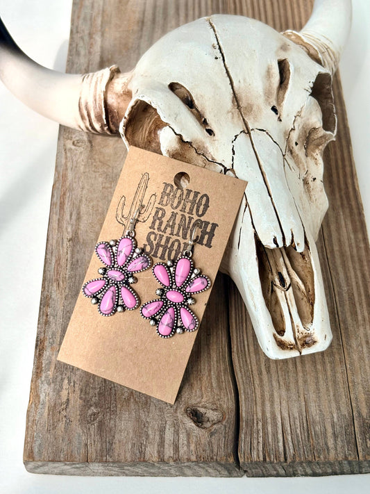 Western Style Squash Blossom Stone Dangle Earrings: Pink