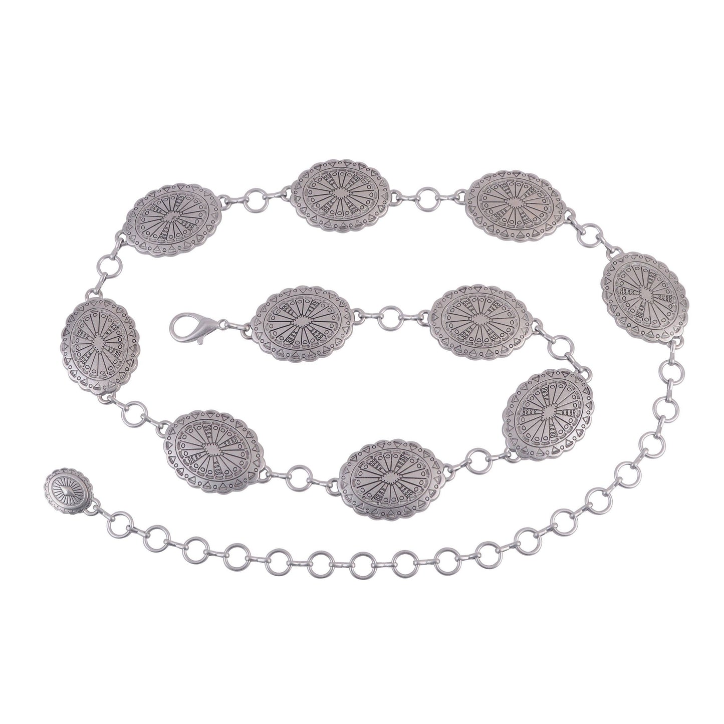 Tooled Oval Concho Chain Belt: Silver