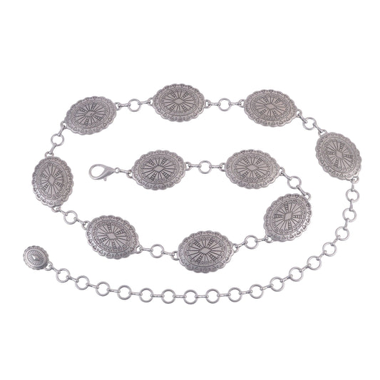 Tooled Oval Concho Chain Belt: Silver