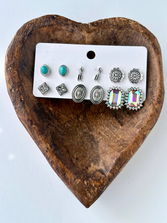 6 Pair Set of Western Style Stud Earrings