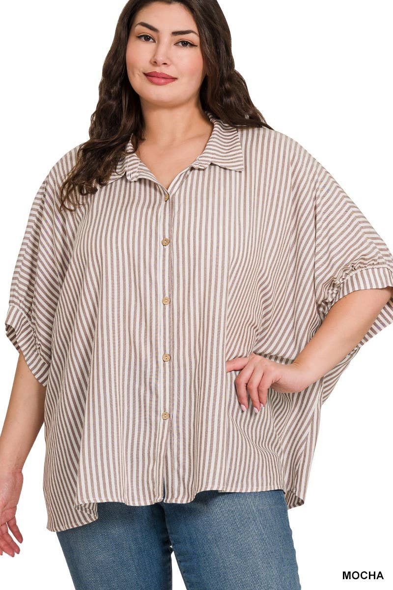 Vanilla Monkey - Plus Rayon Striped Short Sleeve Button Up Shirt: MOCHA / 3-3 (1XL/2XL-2XL/3XL)