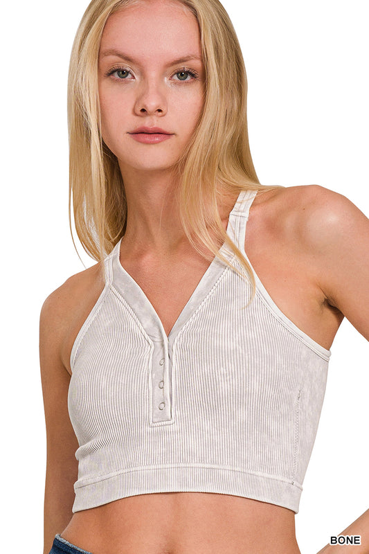 Washed Button V-Neck Tank