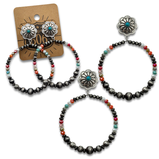 Burnished and crystal bead circle earring - LC: Turquoise