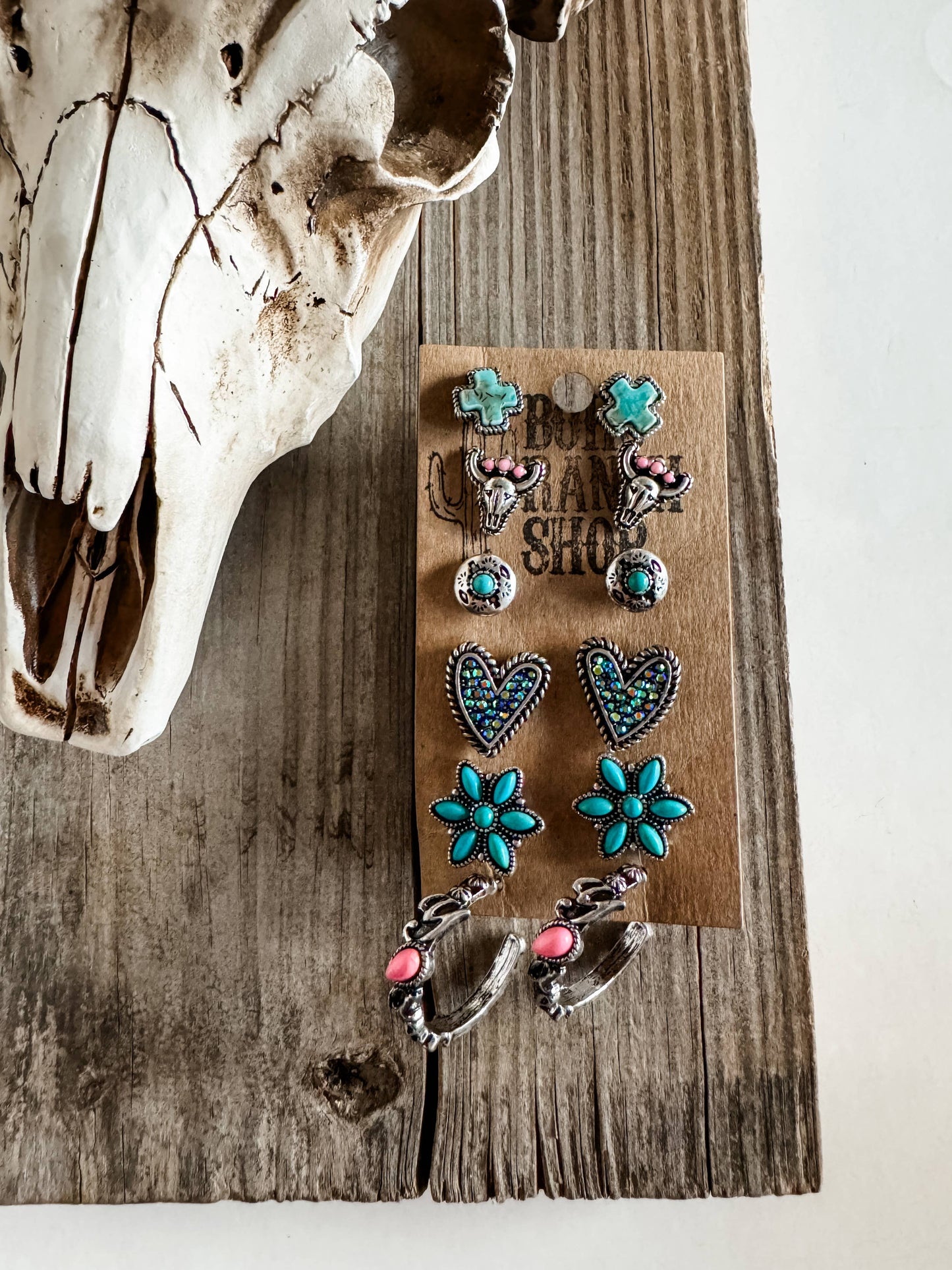 Boho Ranch Shop - 6 Pair Western Navajo Style Rhinestone Stud Stud Earring Set: PINK/ TURQUOISE