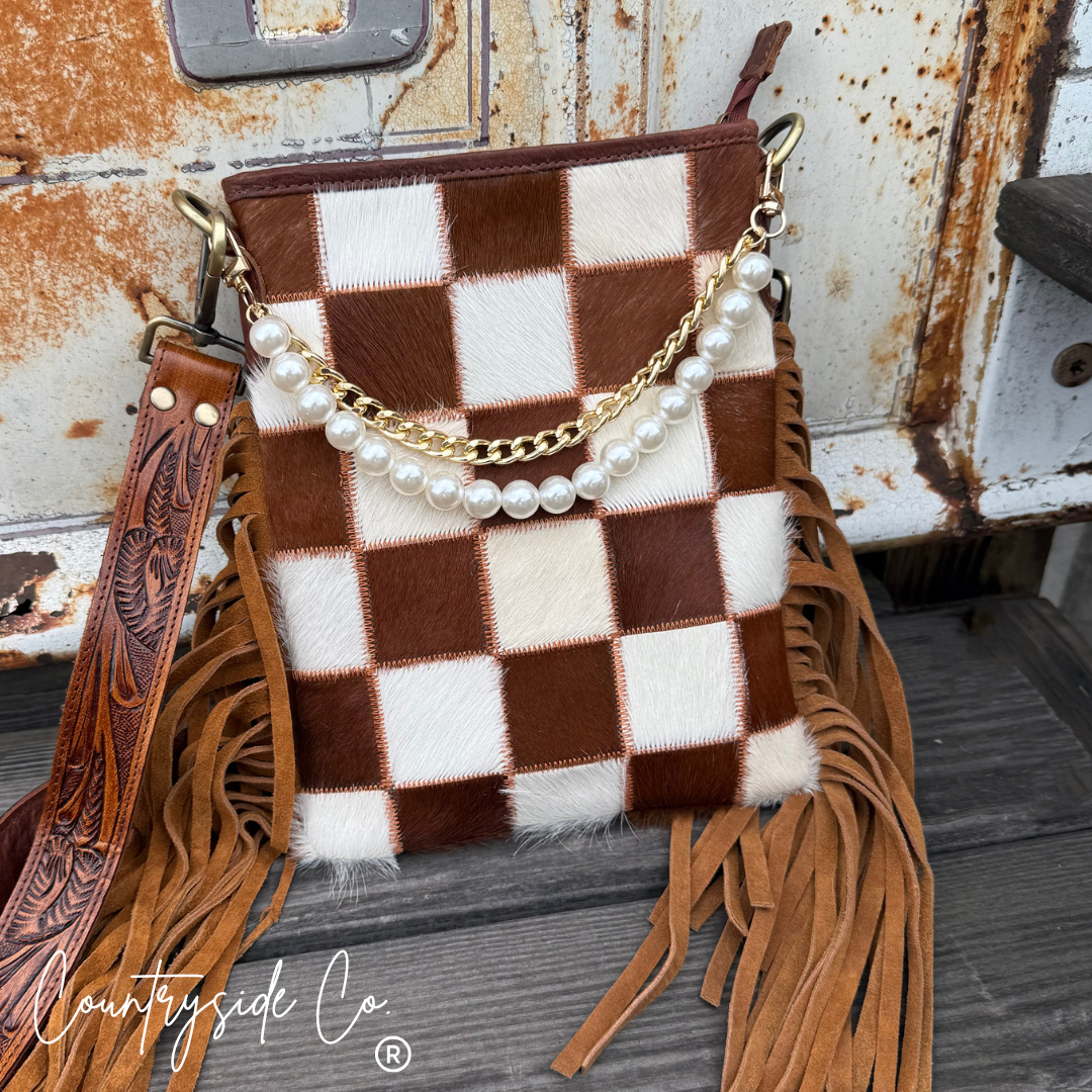 Countryside Co. - Whiskey Luxe Checkered Cowhide Fringe Purse