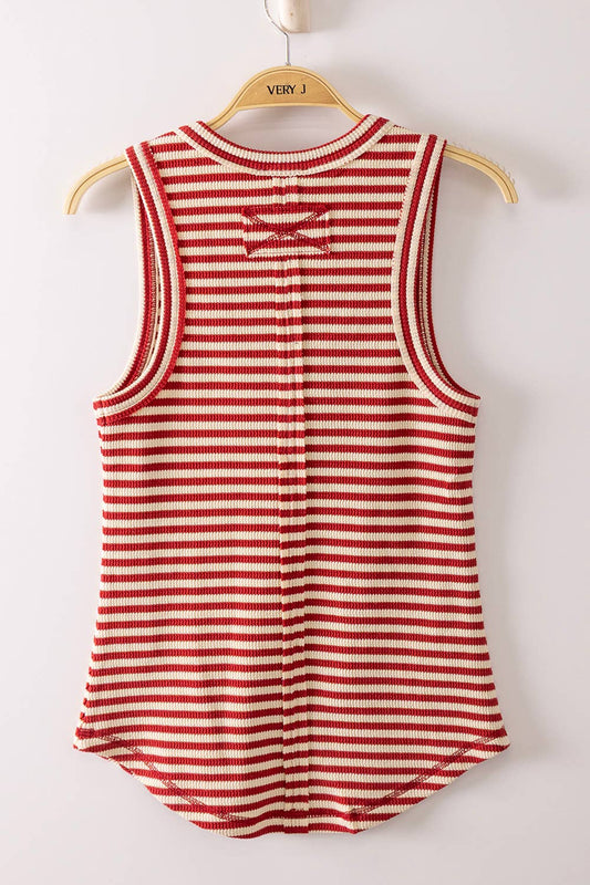 Red/White Striped Button Knit Tank