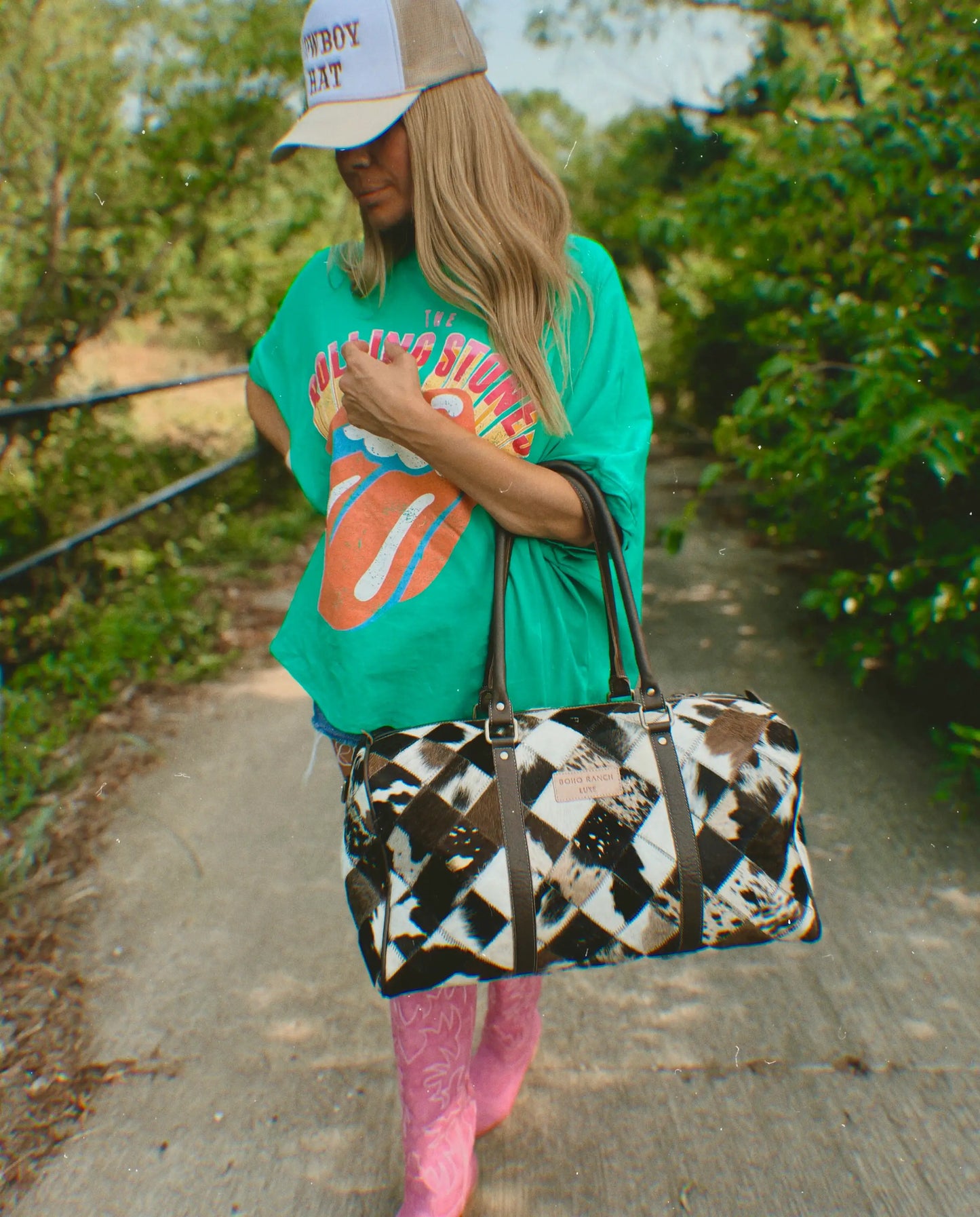 BOHO LUXE DUFFLE Weekender Leather HairOn Cowhide Travel Bag: Tan + White Cowhide