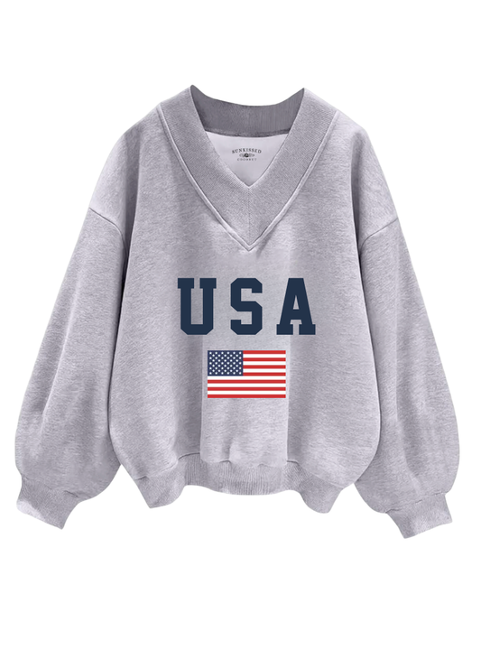USA Flag Embroider V-Neck Sweatshirt
