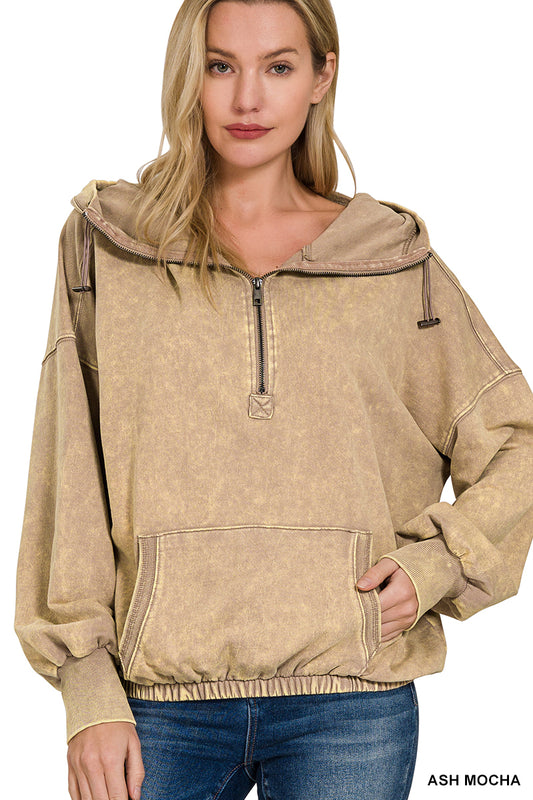 Acid Wash Half Zip Kangaroo Hoodie