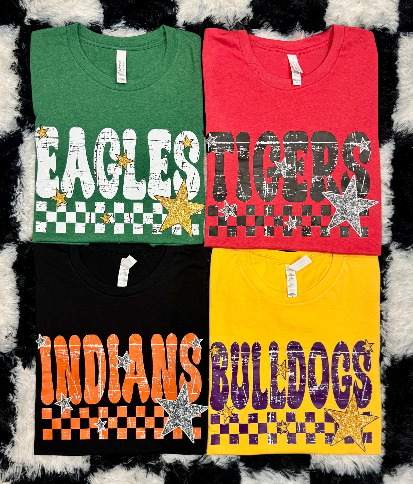 Checkered Faux Glitter Stars School Spirit Custom Tee
