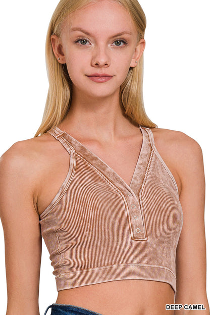 Washed Button V-Neck Tank
