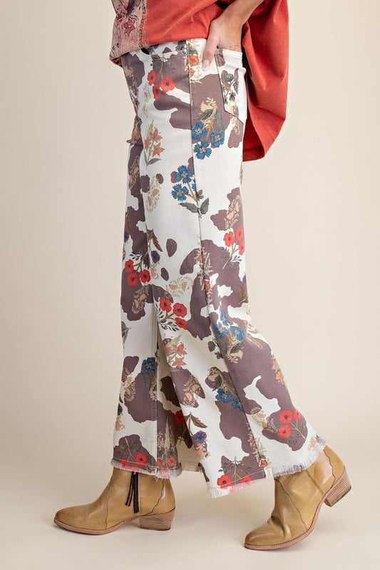 COW FLORAL PRINT WASHED STRETCH TWILL PANTS
