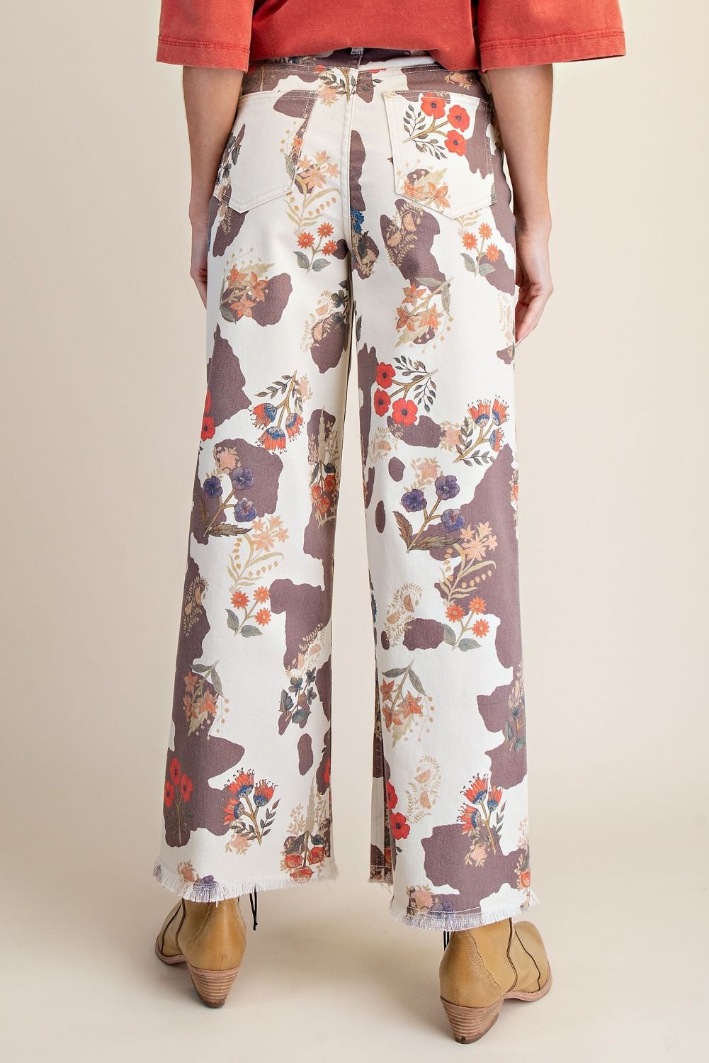 COW FLORAL PRINT WASHED STRETCH TWILL PANTS
