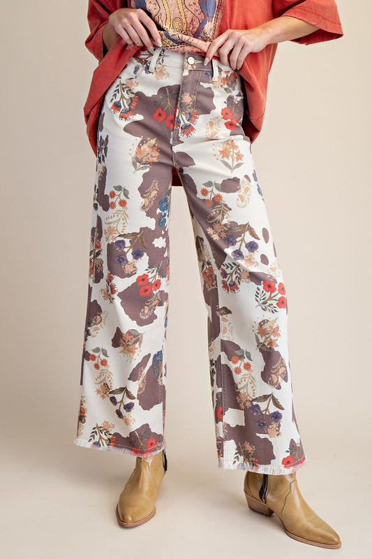 COW FLORAL PRINT WASHED STRETCH TWILL PANTS