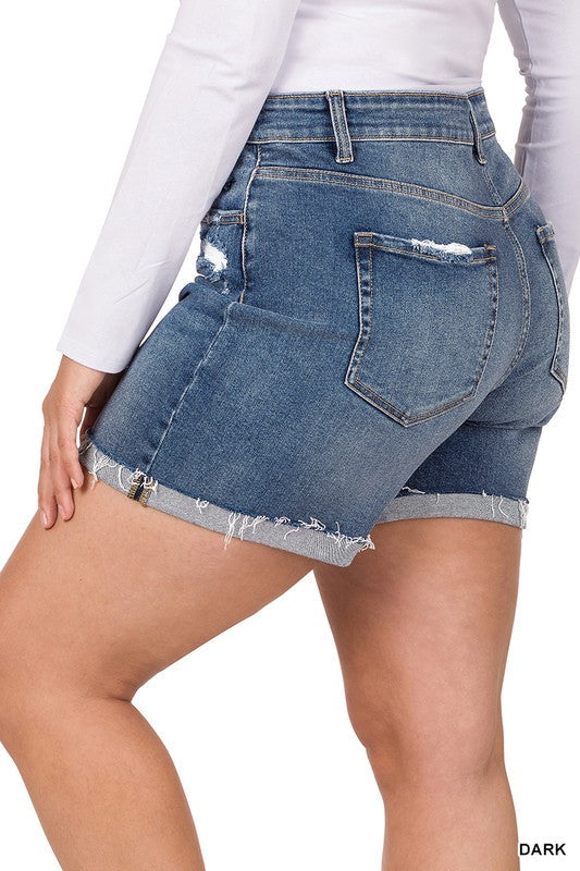 Plus Distressed Cuffed Raw Hem Shorts