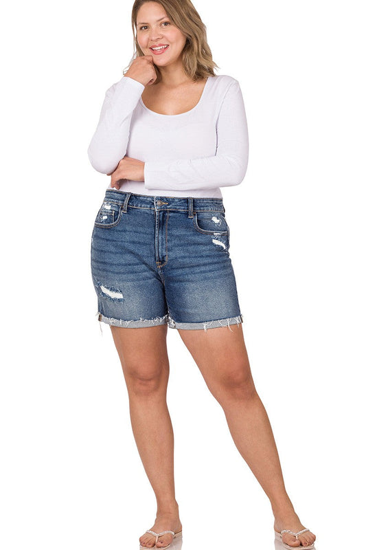 Plus Distressed Cuffed Raw Hem Shorts