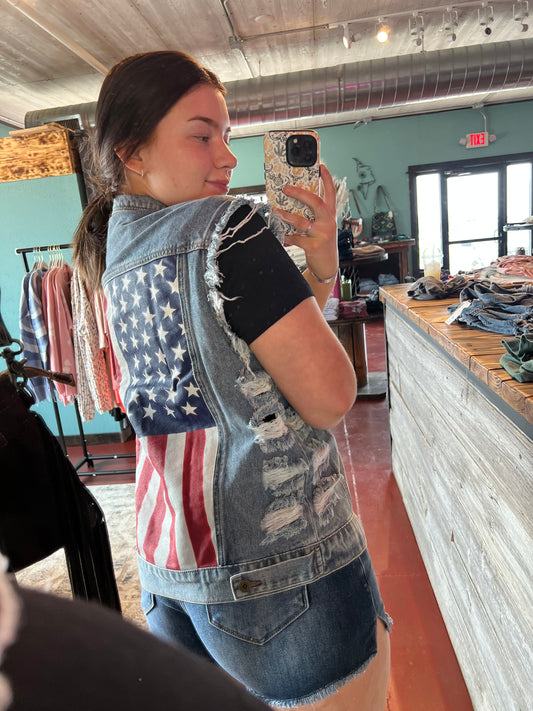 American Flag Distressed Denim Vest