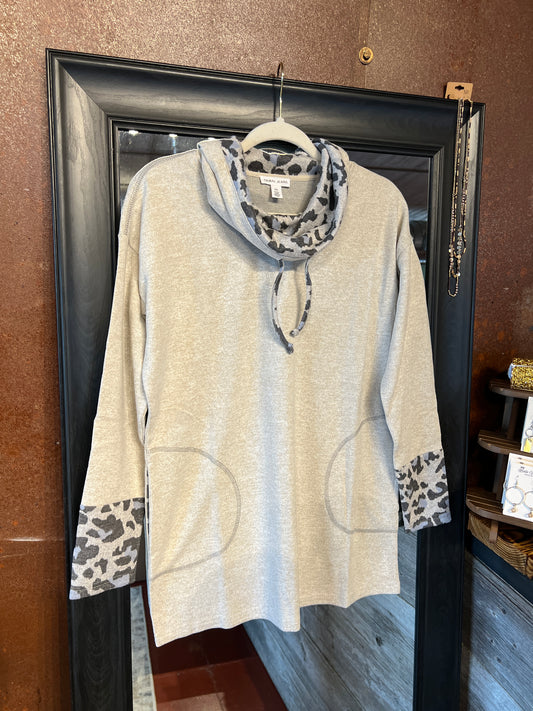 Oatmeal Cowl Neck Leopard Print Tunic