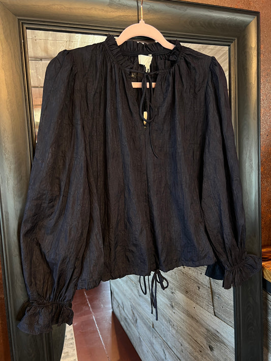 Crinkle Ruffle Woven Navy Top