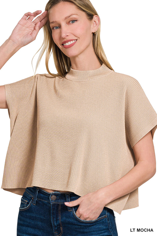 Viscose Mock Neck Short Sleeve Boxy Sweater