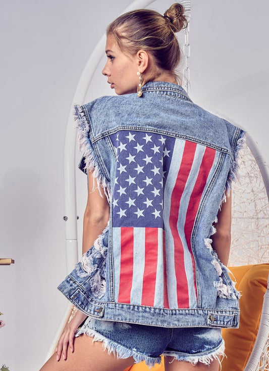 American Flag Distressed Denim Vest