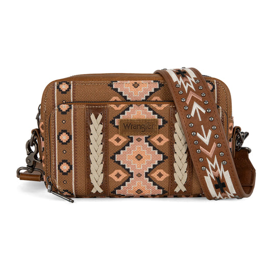 Wrangler Southwestern Pattern Dual Sided Print Crossbody Purse With Wallet Compartment - Brown