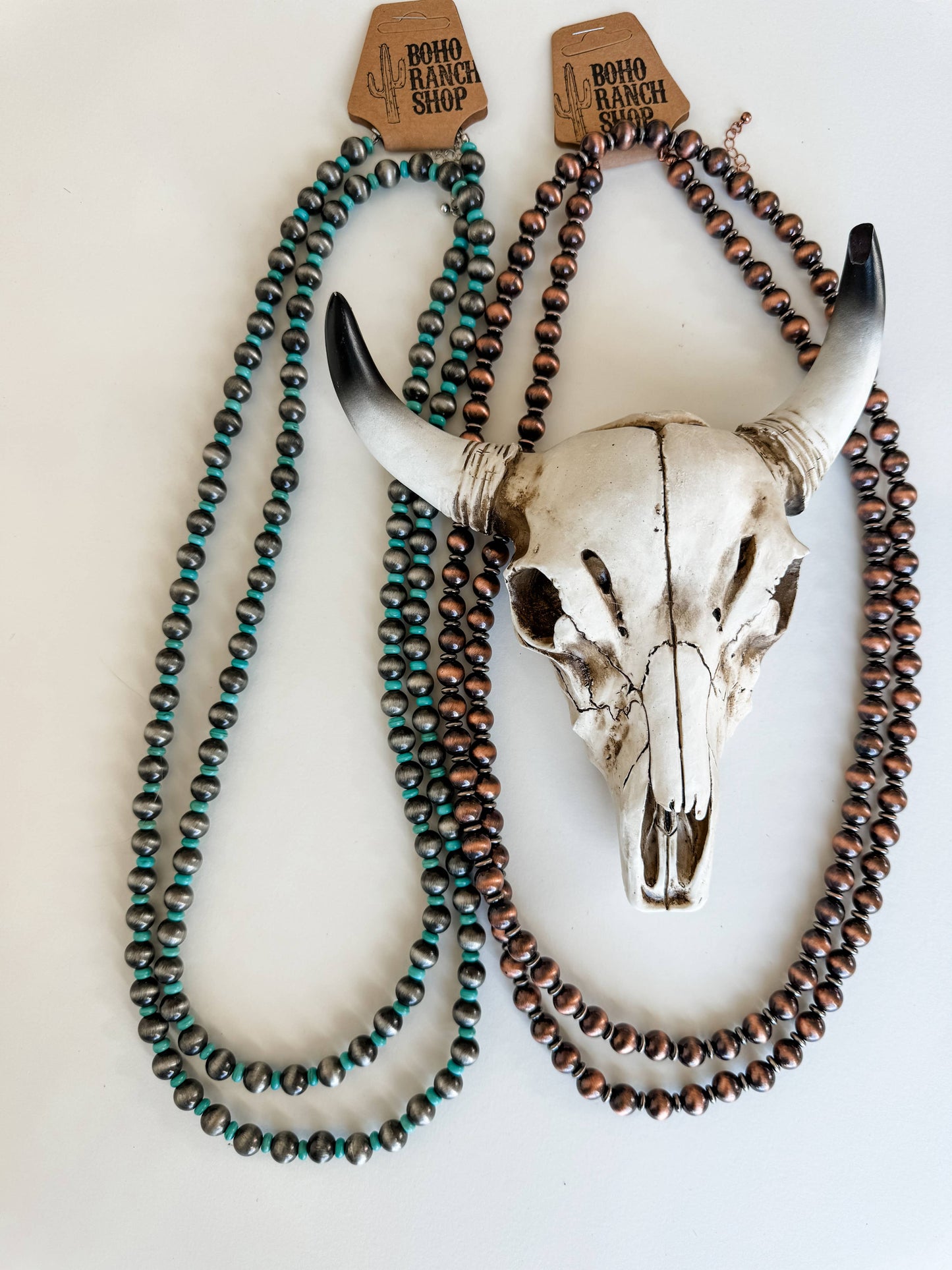 60″ Western Navajo Style Pearl Necklace: SILVER + TURQUOISE