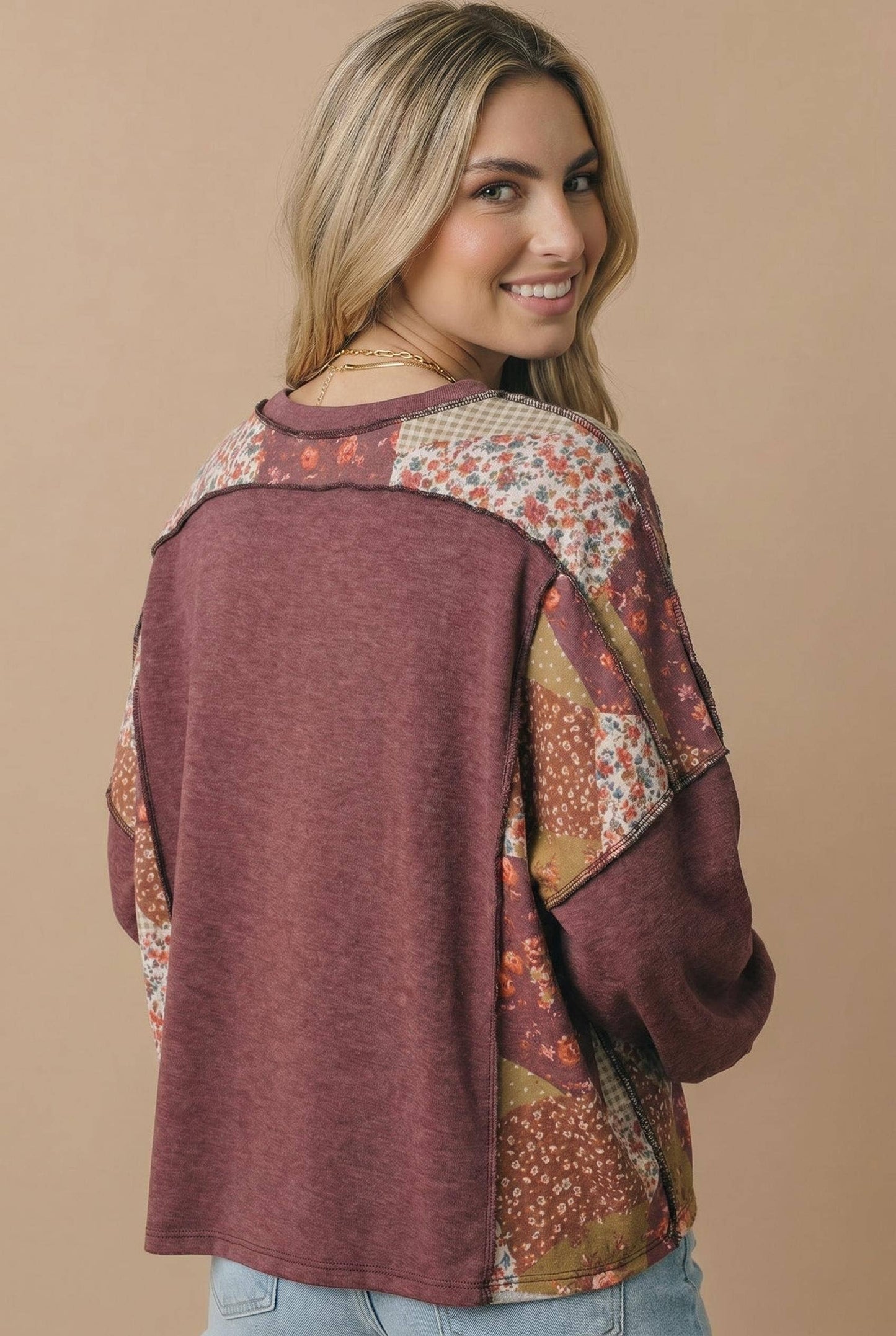 Vanilla Monkey - Round Neck Oversized Color Block Knit Top: BURGUNDY / 2-2-2(S-M-L)