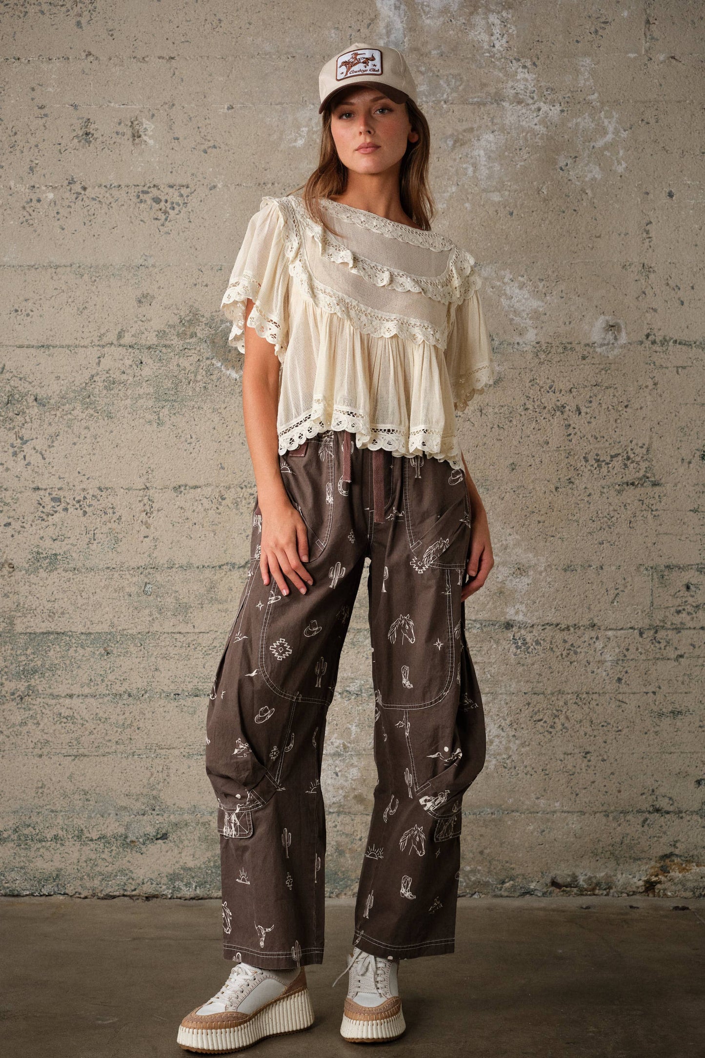 Blue B - 25157P Western Print Cotton Cargo Pants: CHOCOLATE / S-M-L (2-2-2)