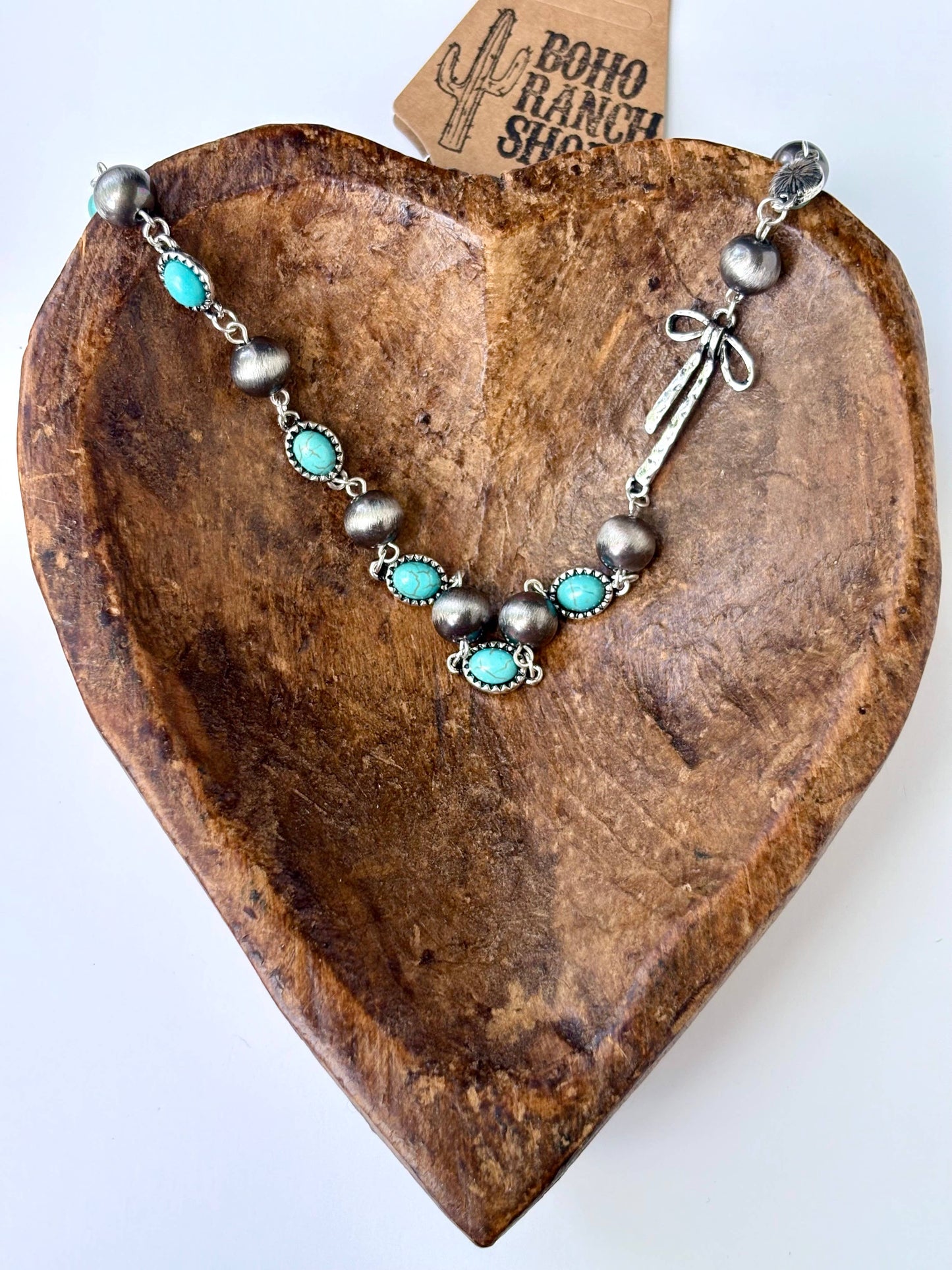 Navajo Style Pearl Stone Coquette Bow Necklace: Purple