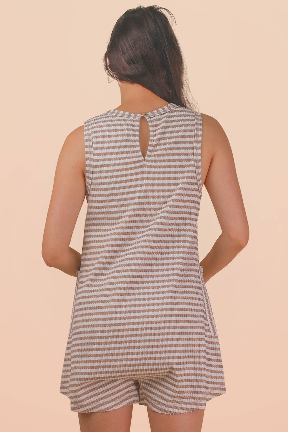 VERY J - NP70744-Striped Knit Casual Comfy Romper: OAT/BLACK / S-M-L/2-2-2
