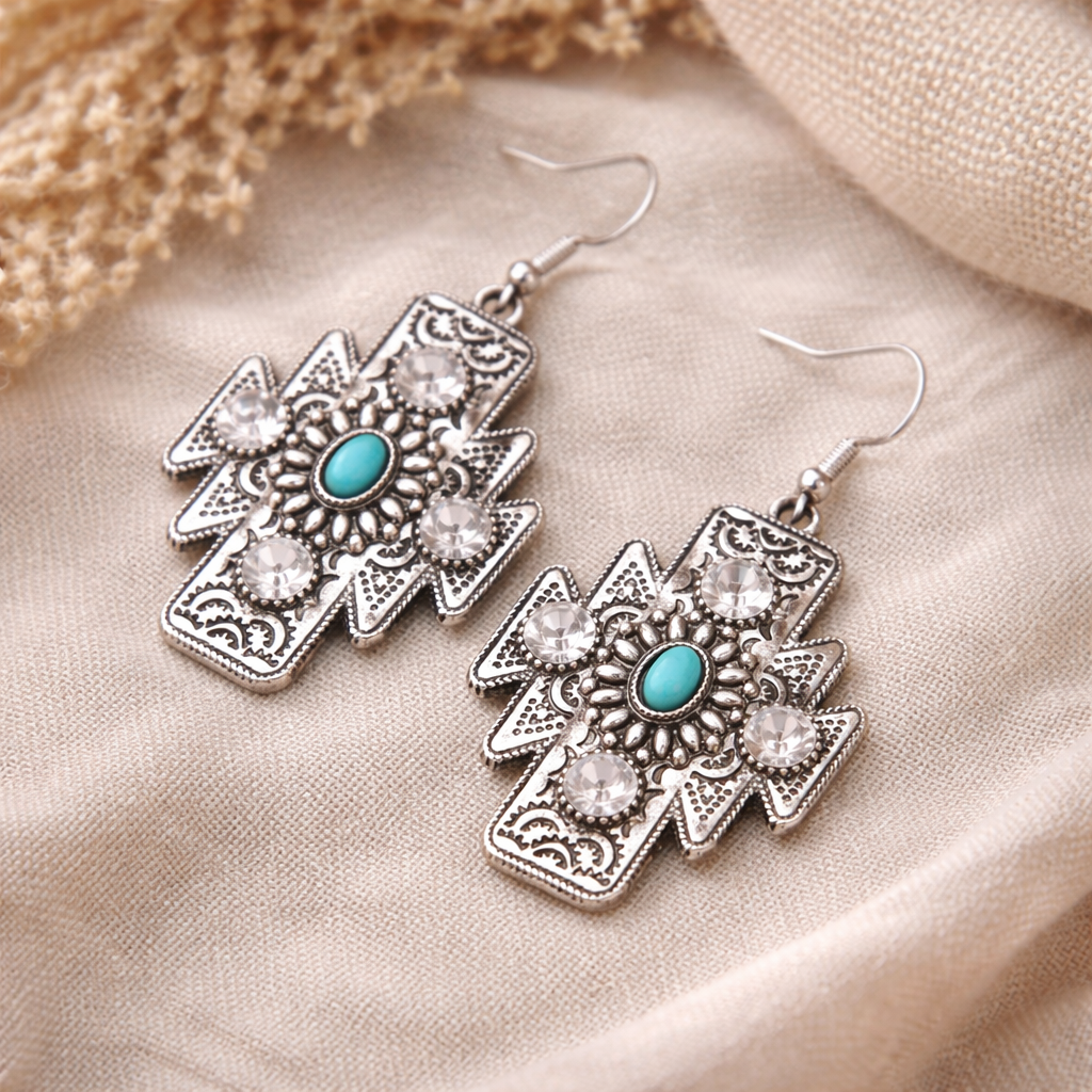 Western Style Aztec Cross Turquoise Stone Dangle Earrings: TURQUOISE STONE