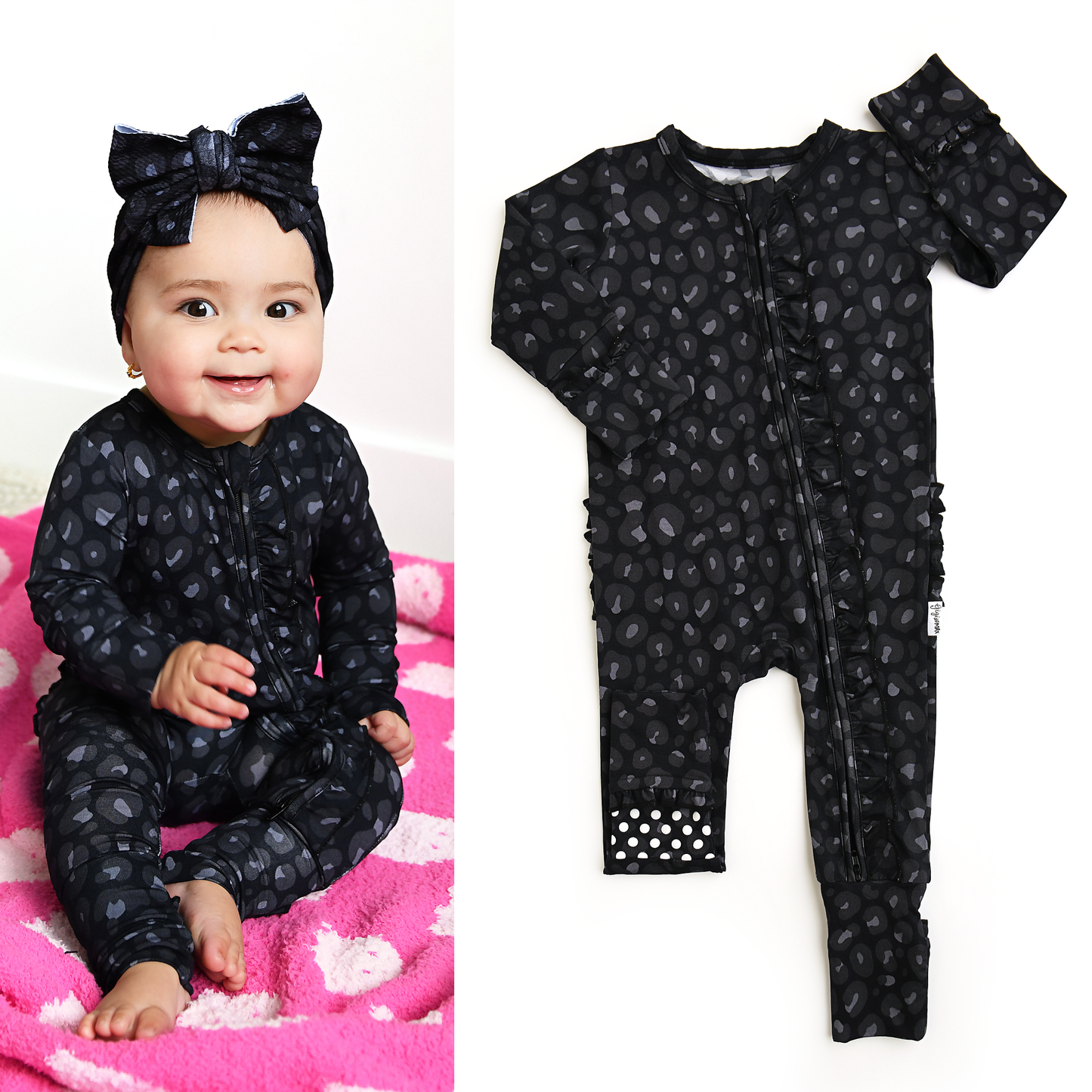 Gigi and Max - Ash Black Leopard RUFFLE ZIP Halloween Bamboo Sleepies Little: 0-3m