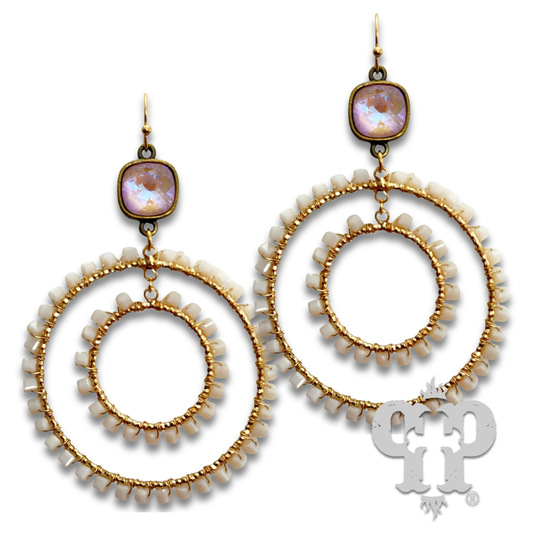 Square bead double circle earring with Austrian crystal - LC: Pink