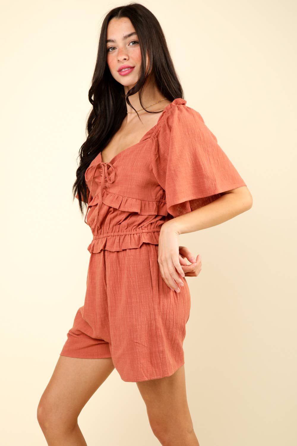 VERY J - NP70350-Sweetheart Neckline Casual Solid Woven Romper: RUST / S-M-L/2-2-2
