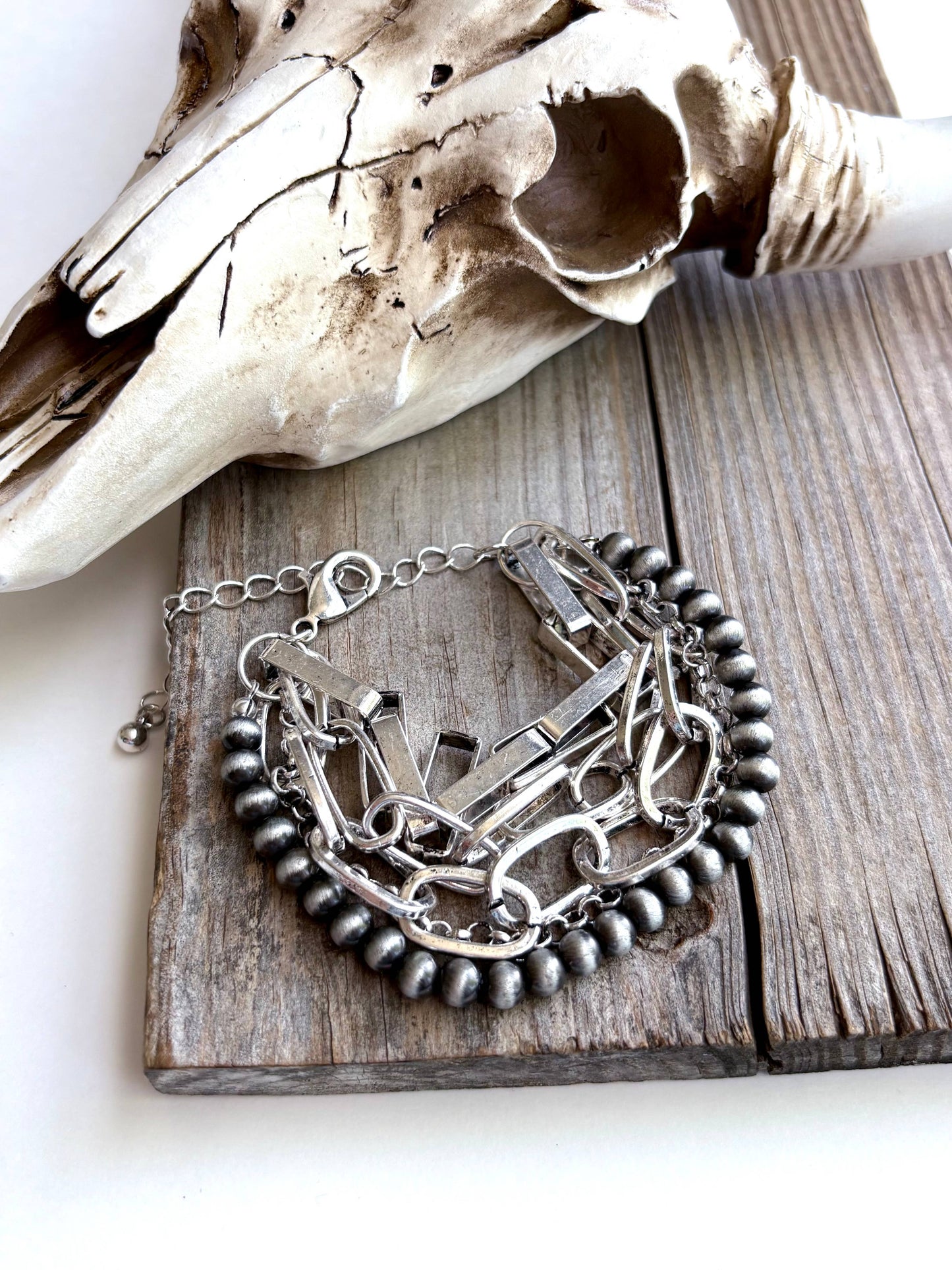5 Layered Western Chunky Chain & Navajo Style Pearl Bracelet: Silver