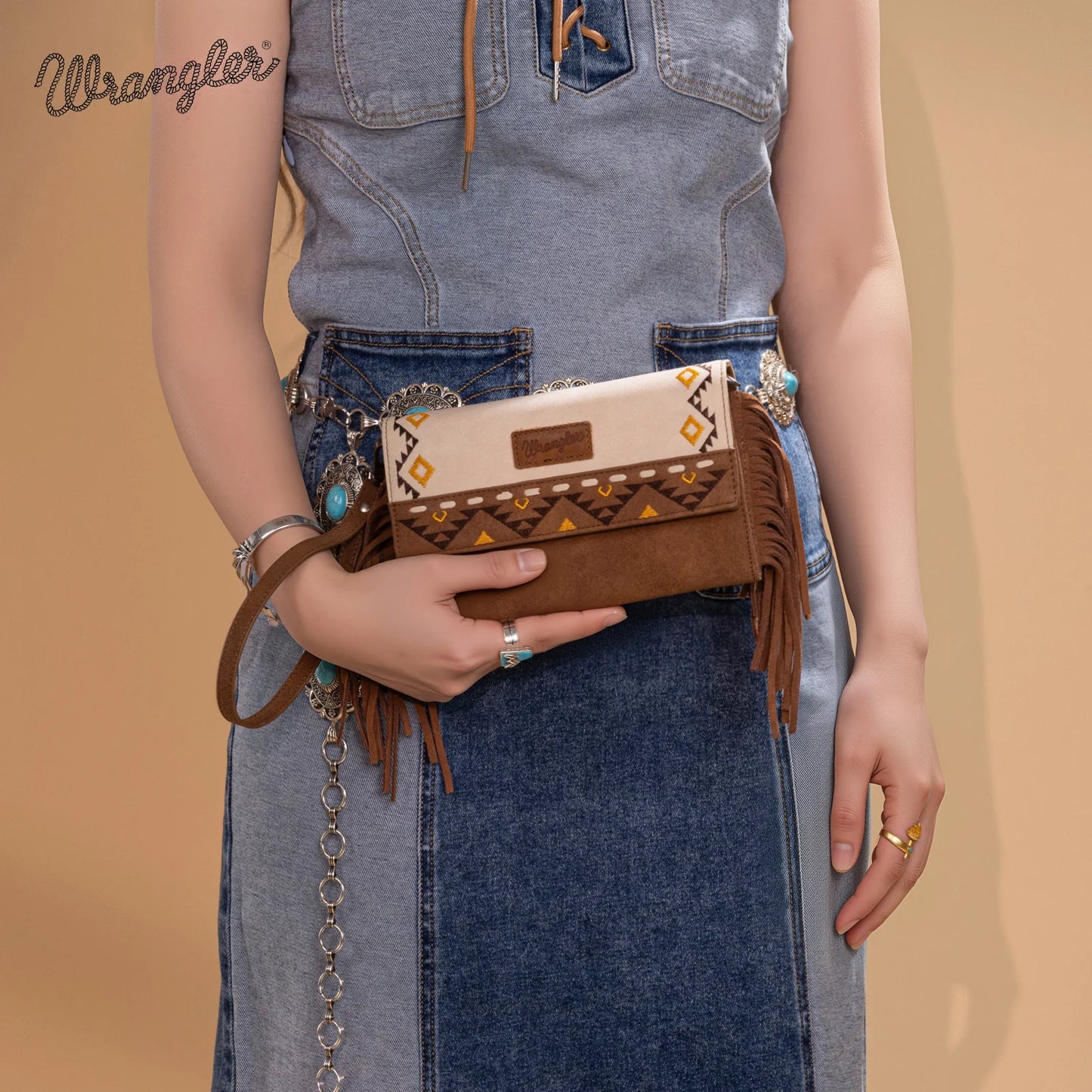 Wrangler Aztec Embroidered Fringe Wallet/Crossbody - Beige