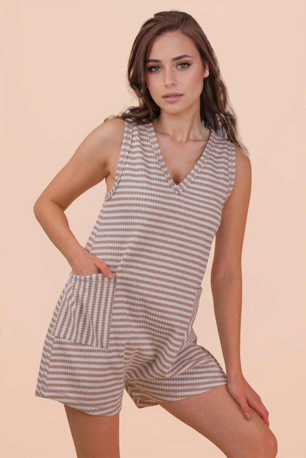 VERY J - NP70744-Striped Knit Casual Comfy Romper: OAT/BLACK / S-M-L/2-2-2